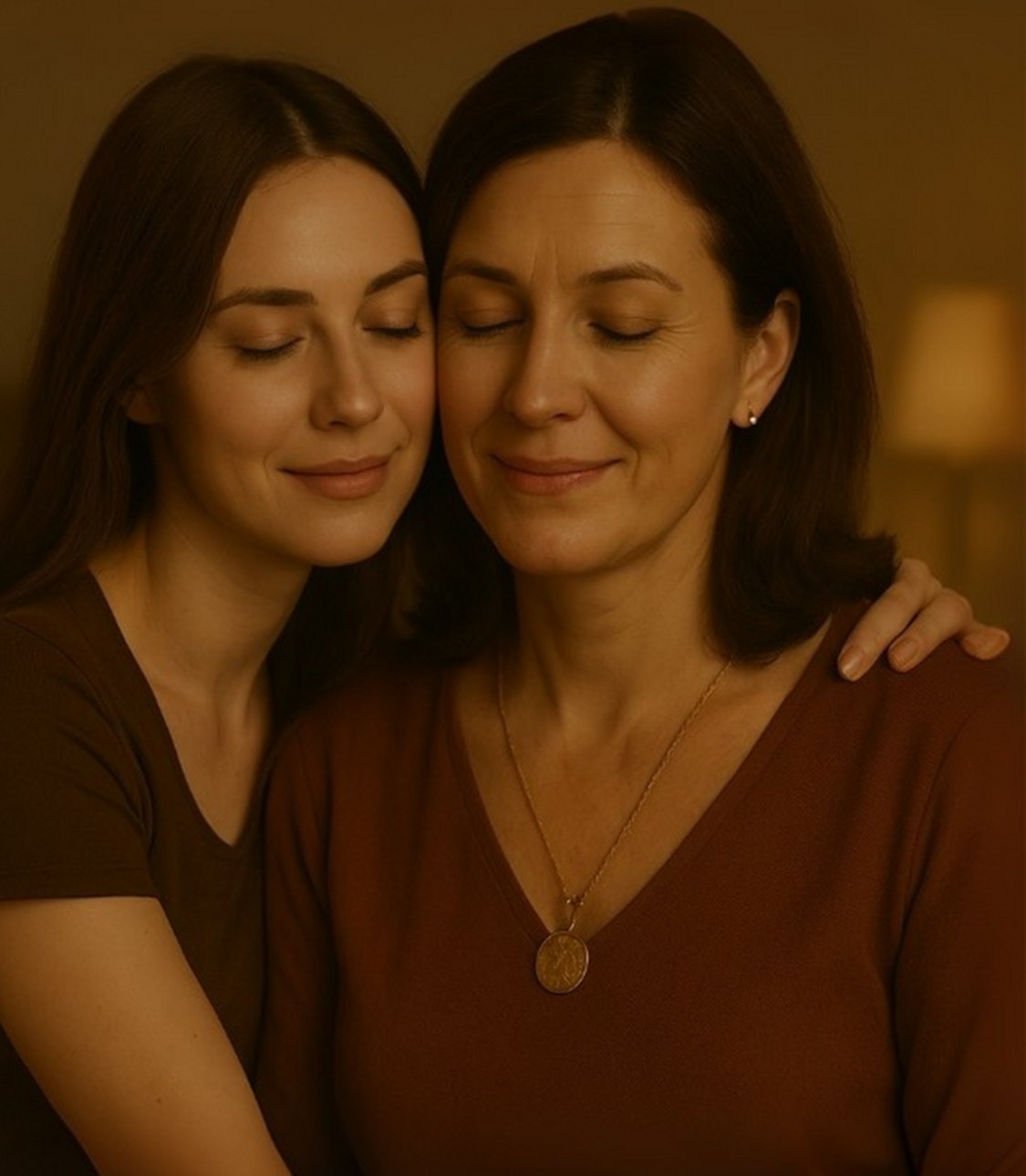 A mother and daughter embracing, the daughter wearing an Eloura pendant