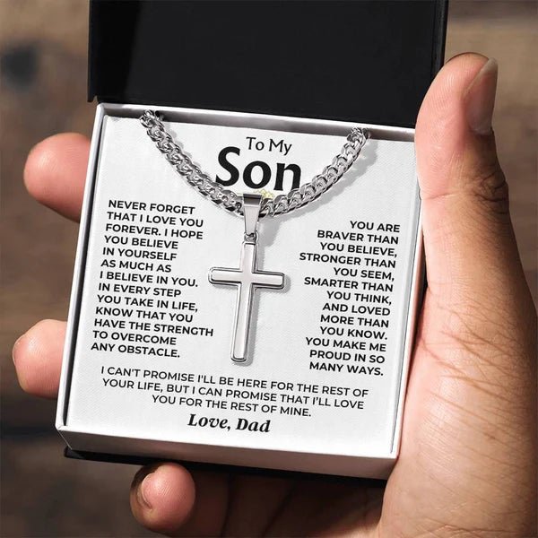 To My Son - Love Dad - Artisan Cross on Cuban Link Chain - Gift Set - SS542D - Eloura